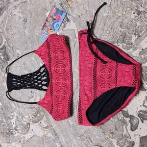 2 PC HOT PINK & BLACK CORAL REEF BIKINI SZ14 NWT